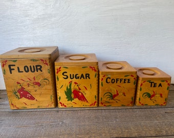 Conjunto de botes de madera vintage // Diseño de gallo // Harina, Azúcar, Café, Té