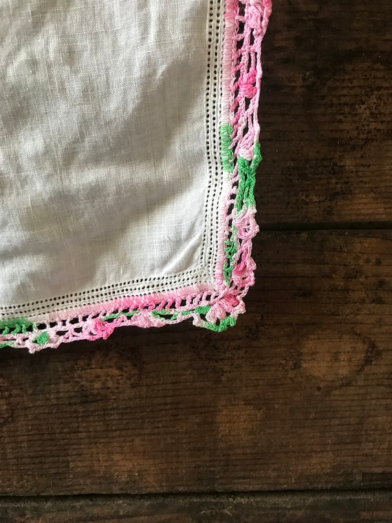 Vintage White Handkerchief with Pastel Pink & Gre… - image 2