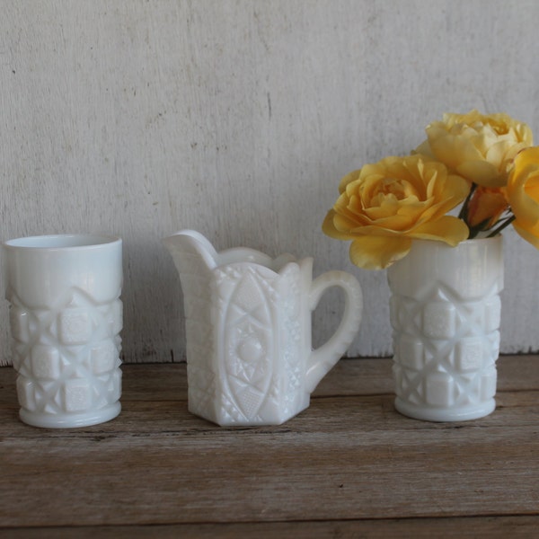 Vintage Milkglass Serving Set // Diamond Pattern // Creamer & Glasses