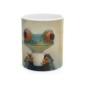 Frog Ceramic Mug, Cute Animal Coffee Cup, Funny Frog Lover Gift, Unique Amphibian Tea Mug, Green Frog Pottery Drinkware, Whimsical Kitchen