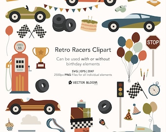 May include: A collection of retro race car clipart elements, including race cars, flags, a gas pump, a trophy, and balloons. The text "Retro Racers Clipart" is displayed. The image includes a stop sign and a speedometer.