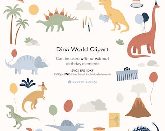May include: A collection of dinosaur-themed clipart illustrations in various colors, including green, orange, and blue. The images include dinosaurs with party hats, balloons, and birthday cake, along with the text "Dino World Clipart".