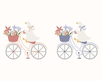 May include: Two illustrations of a white goose riding a bicycle with a basket of flowers. The goose on the left is riding a pink bicycle with a pink basket of flowers. The goose on the right is riding a blue bicycle with a blue basket of flowers.
