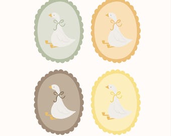 May include: Four oval-shaped illustrations of a goose wearing a bow. Each goose is inside a scalloped oval with a different pastel color: green, yellow, brown, and light yellow. The image includes the text "SVG | PNG | EPS | DXF".