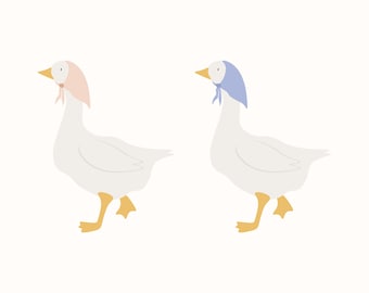 May include: Two white geese with yellow feet and beaks. One goose is wearing a pink hat with a bow and the other is wearing a blue hat with a bow.