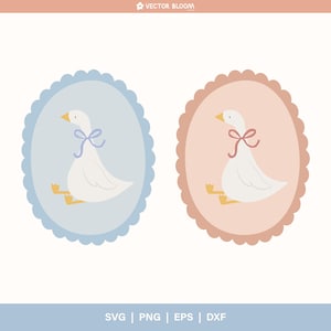 May include: Two white geese with yellow beaks and feet, each wearing a bow. One goose has a blue bow and is in a blue scalloped circle. The other goose has a pink bow and is in a pink scalloped circle.