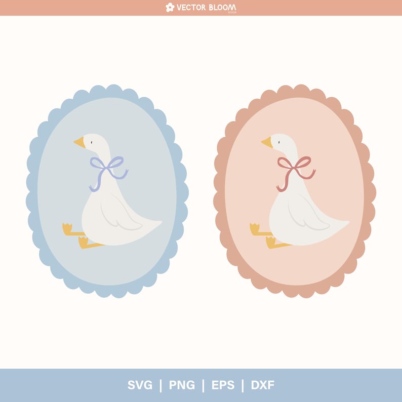 May include: Two white geese with yellow beaks and feet, each wearing a bow. One goose has a blue bow and is in a blue scalloped circle. The other goose has a pink bow and is in a pink scalloped circle.