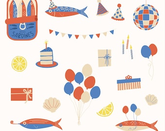 May include: A collection of whimsical illustrations featuring sardines, party hats, balloons, a disco ball, cake, gifts, and a lemon slice. The sardines are depicted in various poses, some wearing party hats. The color palette includes red, blue, and yellow.