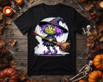 T-shirt graphique de sorcière mignon, t-shirt unisexe d'Halloween, mode d'automne