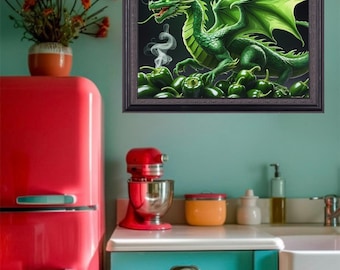 May include: A framed artwork depicts a green dragon with large wings, set against a dark background. The dragon is surrounded by green peppers, with steam rising from them. The artwork is displayed in a kitchen with a red refrigerator and a red stand mixer.