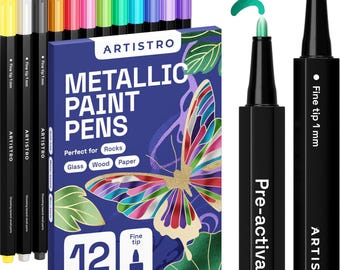 ARTISTRO 12 Metallic Paint Pens Fine Tip 1mm for Glass Rock Wood Fabric DIY