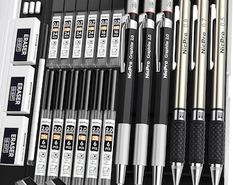 Nicpro 6PCS Art Mechanical Pencil Set – Metal Drafting Pencils 0.5mm, 0.7mm, 0.9mm 2mm