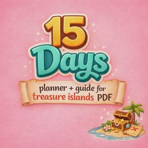 Può includere: Copertina di pianificatore digitale con la scritta "15 Days" in giallo e verde acqua, sopra uno striscione con la scritta "planner + guide for treasure islands PDF". Un forziere, una palma e un'isola sono nell'angolo in basso a destra.