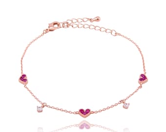 Ruby Heart Bracelet, Rose Gold Bracelet, Chain Bracelet, Gift for Her, Sihoojewelry, LB264Bc