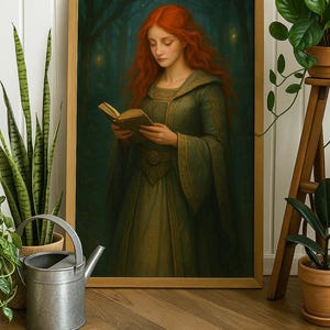 Zaczarowana Leśna Księżniczka Czyta – Rudowłosa Kobieta Fantasy Art Print, Średniowieczna Miłośniczka Książek Dekoracja Ścienna, Plakat Inspirowany Bajkami