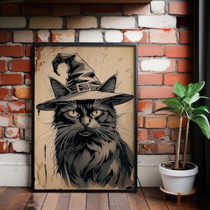 Halloween Printable Wall Art, Vintage Witchy Black Cat Sketch Print,  Vintage Halloween Witchy Art,  Witch Home Decor Dark Academia Decor