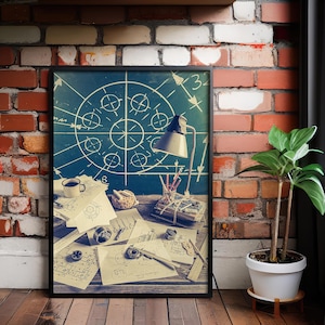 Engineering Desk Print – Industrial Blueprint Wall Art – Mechanical Drafting Photography Poster,Vintage Poster