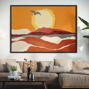Paesaggio al tramonto su carta, opera d'arte minimalista su carta strappata, decorazione da parete boho, collage di deserto arancione, stampa d'arte astratta moderna