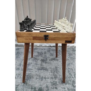 Rustic Wooden Chess Table with Travertine Chess Set & Hidden Storage