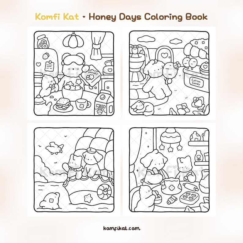 May include: The Komfi Kat Honey Days Coloring Book features four black and white line art illustrations. Scenes include a cat eating cereal, a cat at a cotton candy stand, a cat on a boat, and a cat baking. The text komfikat.com is at the bottom.