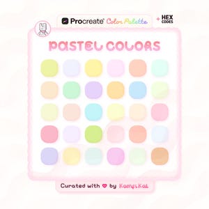 May include: A digital Procreate color palette featuring thirty rounded square swatches in various pastel shades. The graphic includes the text Procreate Color Palette, Pastel Colors, and Curated with by KomfiKat, along with a small cat icon.
