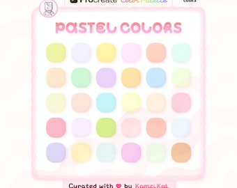May include: A digital Procreate color palette featuring thirty rounded square swatches in various pastel shades. The graphic includes the text Procreate Color Palette, Pastel Colors, and Curated with by KomfiKat, along with a small cat icon.