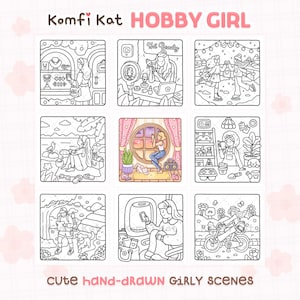 K&ouml;nnte beinhalten: Ein Raster von neun handgezeichneten Schwarz-Wei&szlig;-Illustrationen mit dem Text "Komfi Kat HOBBY GIRL" und "CUTE hANd-dRAwN GiRLY sCENES". Jede Illustration zeigt eine andere m&auml;dchenhafte Szene.