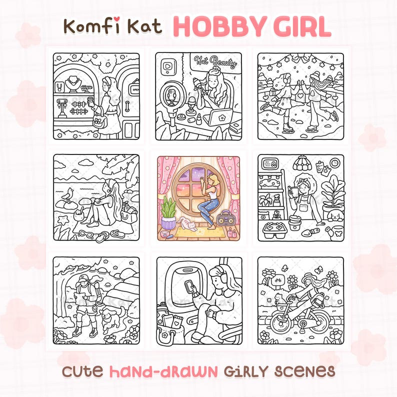 K&ouml;nnte beinhalten: Ein Raster von neun handgezeichneten Schwarz-Wei&szlig;-Illustrationen mit dem Text "Komfi Kat HOBBY GIRL" und "CUTE hANd-dRAwN GiRLY sCENES". Jede Illustration zeigt eine andere m&auml;dchenhafte Szene.