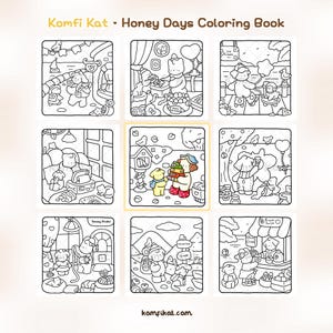 May include: A Komfi Kat Honey Days coloring book featuring nine square illustrations of cartoon characters in various settings. Eight panels are black and white line art, while the center panel shows two characters with colored clothing.