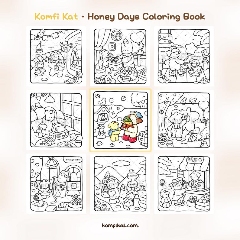 May include: A Komfi Kat Honey Days coloring book featuring nine square illustrations of cartoon characters in various settings. Eight panels are black and white line art, while the center panel shows two characters with colored clothing.