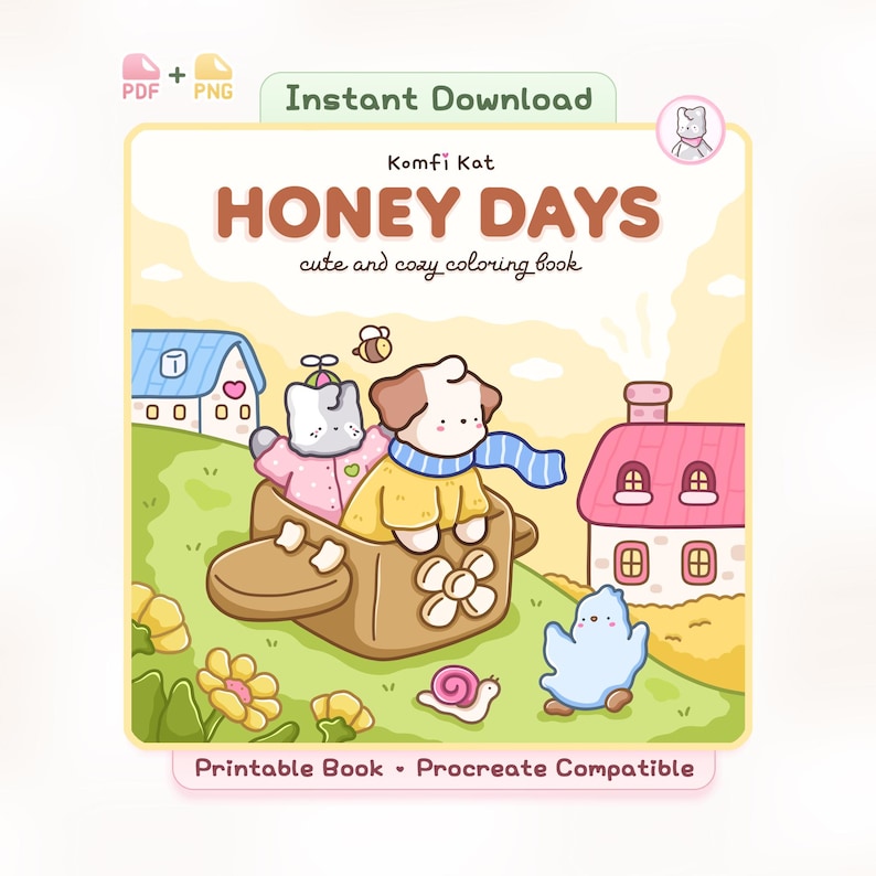 May include: A digital coloring book cover titled Honey Days by Komfi Kat featuring a cartoon dog and cat in a brown box airplane, a pink-roofed house, a blue creature, and a snail on a green hill under a yellow sky, labeled Instant Download.
