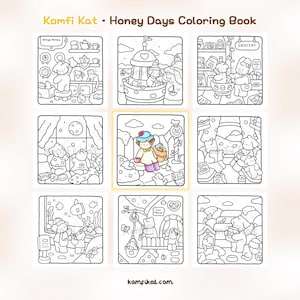 May include: Komfi Kat Honey Days Coloring Book featuring nine square line art illustrations of anthropomorphic bears in various settings like a pottery shop, grocery store, and treehouse, with one central image partially colored in soft pastel tones.