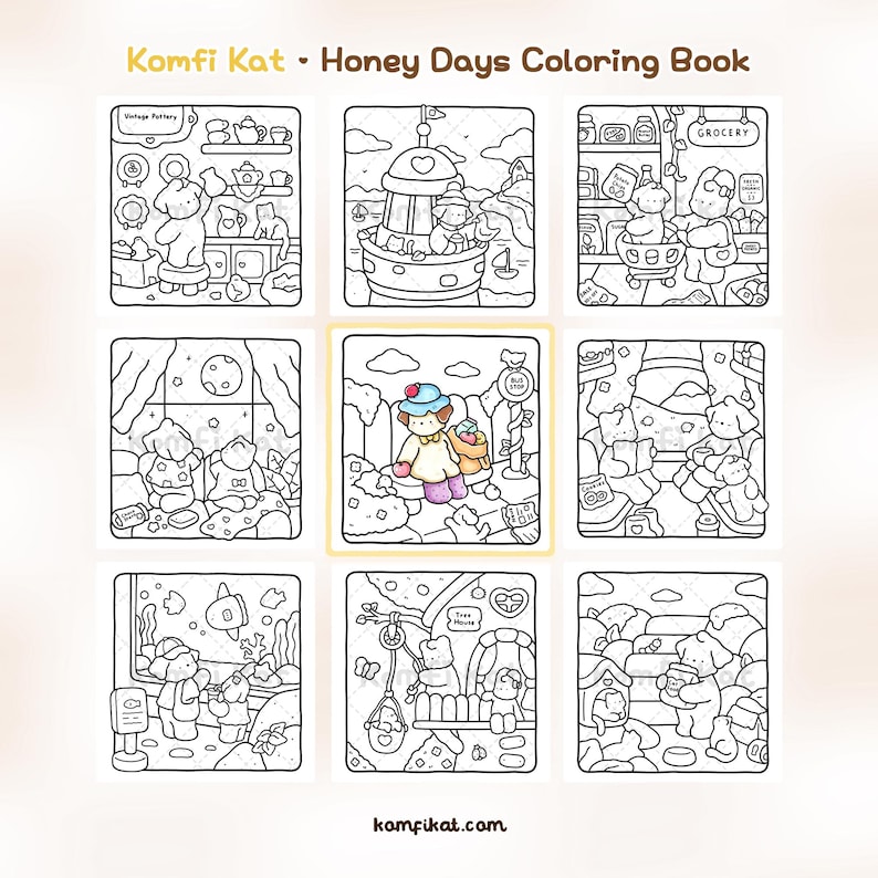 May include: Komfi Kat Honey Days Coloring Book featuring nine square line art illustrations of anthropomorphic bears in various settings like a pottery shop, grocery store, and treehouse, with one central image partially colored in soft pastel tones.
