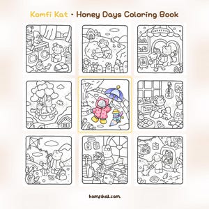 May include: The Komfi Kat Honey Days Coloring Book features nine square illustrations of cartoon cats in various settings. One central image is partially colored, showing a cat in a pink raincoat with a blue umbrella and a smaller cat nearby.