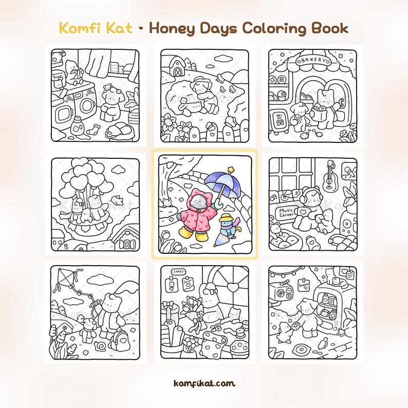 May include: The Komfi Kat Honey Days Coloring Book features nine square illustrations of cartoon cats in various settings. One central image is partially colored, showing a cat in a pink raincoat with a blue umbrella and a smaller cat nearby.