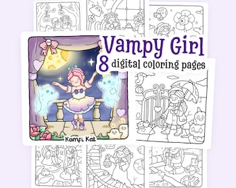 Vampy Girl: Spooky Cute Vampire Coloring Pages | 8 Printable Designs (PDF + PNG)