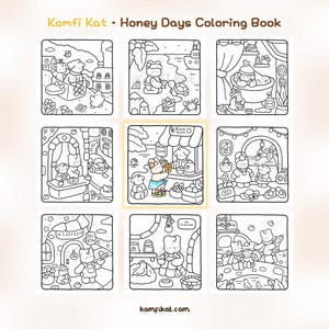 May include: Komfi Kat Honey Days Coloring Book featuring nine black and white line art illustrations of anthropomorphic characters in various settings. One central panel shows a character buying fresh juice. The website komfikat.com is listed.