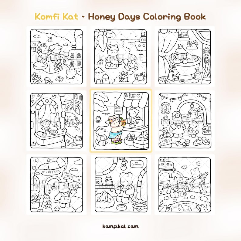 May include: Komfi Kat Honey Days Coloring Book featuring nine black and white line art illustrations of anthropomorphic characters in various settings. One central panel shows a character buying fresh juice. The website komfikat.com is listed.