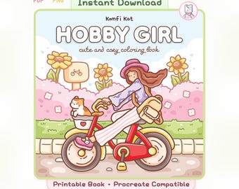 May include: A digital coloring book cover titled Hobby Girl by Komfi Kat featuring a cartoon illustration of a person riding a red bicycle with a cat in the front basket. The background shows sunflowers and pink bushes under a light blue sky.