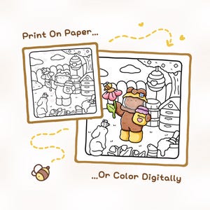 May include: A digital illustration showing two square coloring pages featuring a bear in a beekeeper suit holding a honey jar and a flower. The text Print On Paper appears at the top left and Or Color Digitally appears at the bottom right.