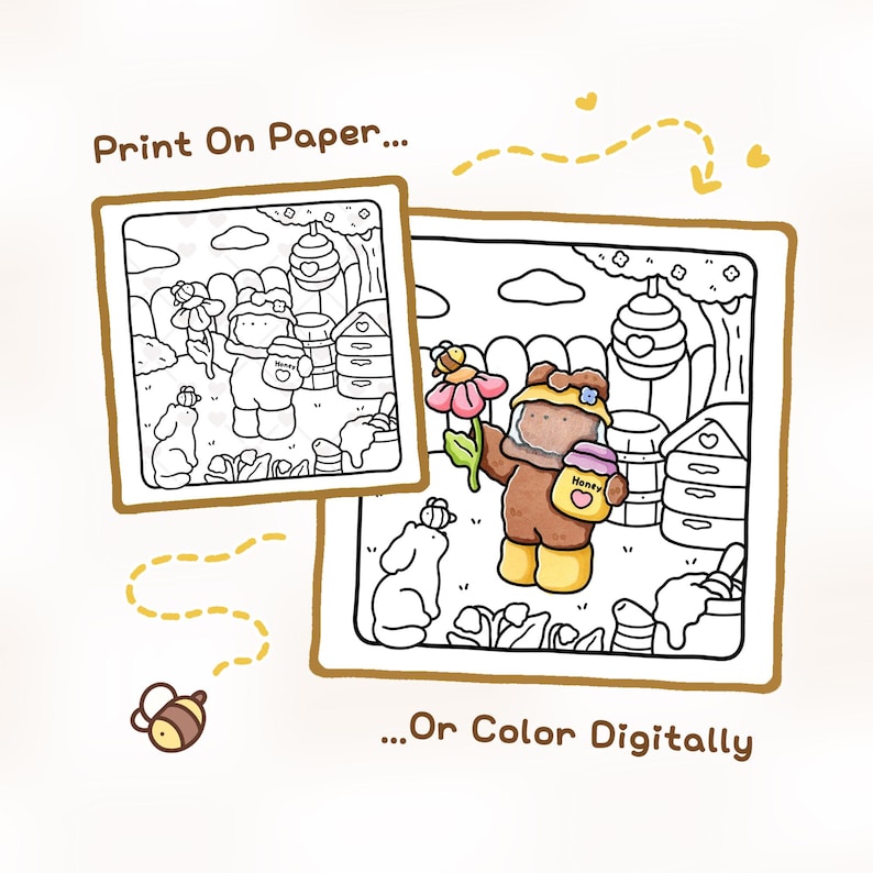 May include: A digital illustration showing two square coloring pages featuring a bear in a beekeeper suit holding a honey jar and a flower. The text Print On Paper appears at the top left and Or Color Digitally appears at the bottom right.