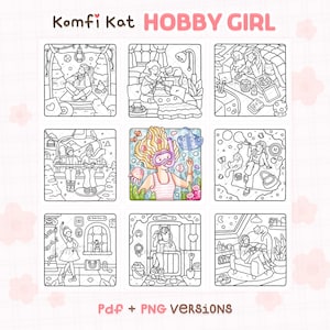 K&ouml;nnte beinhalten: Neun-Panel-Malbuch-Seite mit dem Text "Komfi Kat HOBBY GIRL" oben und "Pdf + PNG VERSIONS" unten. Jedes Panel zeigt ein anderes Hobby, wie Lesen, Stricken und Tauchen. Die Illustrationen sind in Schwarzwei&szlig; gehalten.