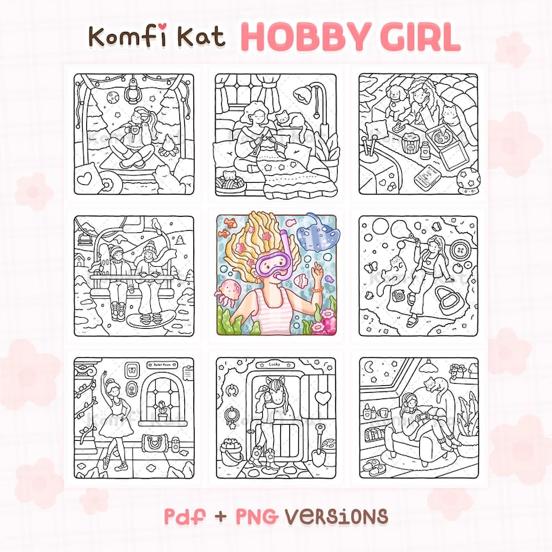 K&ouml;nnte beinhalten: Neun-Panel-Malbuch-Seite mit dem Text "Komfi Kat HOBBY GIRL" oben und "Pdf + PNG VERSIONS" unten. Jedes Panel zeigt ein anderes Hobby, wie Lesen, Stricken und Tauchen. Die Illustrationen sind in Schwarzwei&szlig; gehalten.