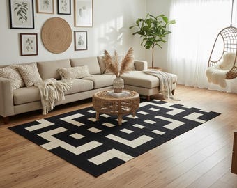 Handwoven Black and White Wool Kilim Rug | Modern Geometric Rug, Custom Size
