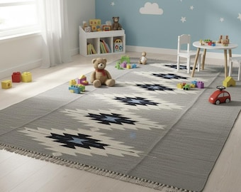 Gray white Southwestern Rug Geometric Wool Custom handmade Kilim, Navajo Style Flatweave