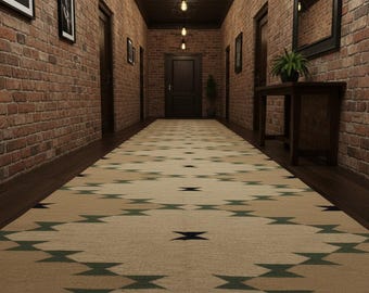 May include: A long hallway with a patterned rug, brick walls, and dark wooden doors. The rug has a beige background with green and black geometric shapes. The walls are made of red bricks, and the doors are dark brown.