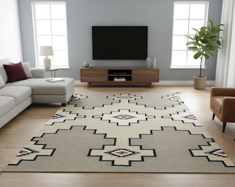 Southwestern Geometric Flatweave Decor, Handwoven Wool Kilim, Navajo Style custom rug, gray beige decor