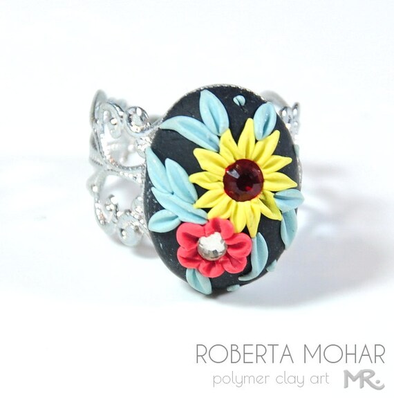 Items similar to Polymer clay floral embroidery applique ring detailed