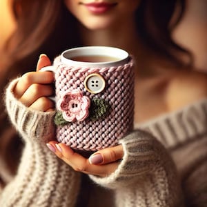 May include: A pink crocheted mug cosy with a flower and button detail. The cosy is on a white ceramic mug with a brown handle.