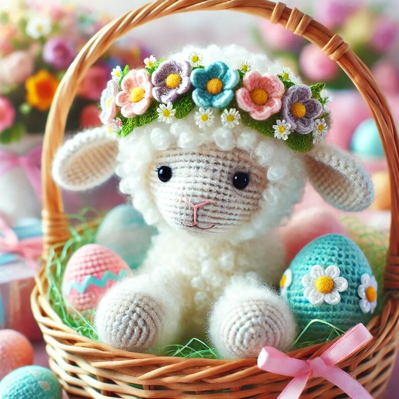 May include: A white crocheted lamb wearing a flower crown sits in a wicker basket with pastel colored Easter eggs.